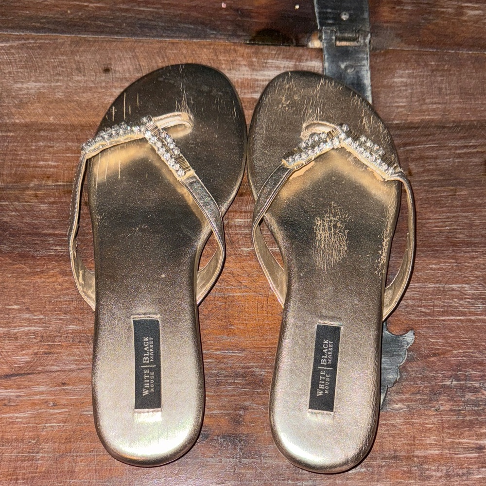 White House Black Market Metallic Gold Rhinestone Thong Sandals